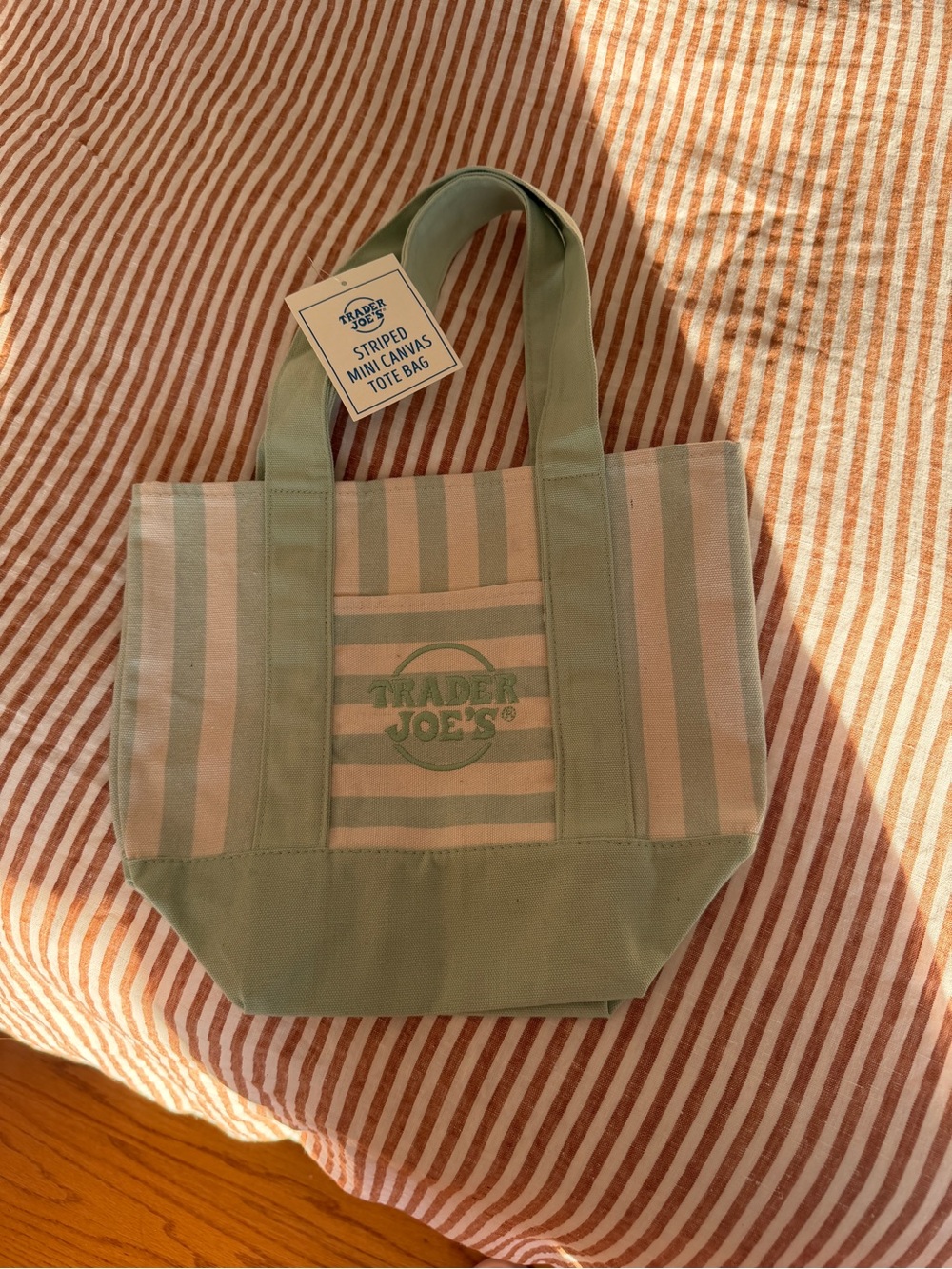 Trader Joe's Striped Mini Tote Bag in Sage Green & Cream